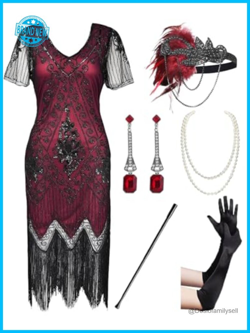 1920s Vintage Sequin Beaded Fringe Flapper Dress with Accessories